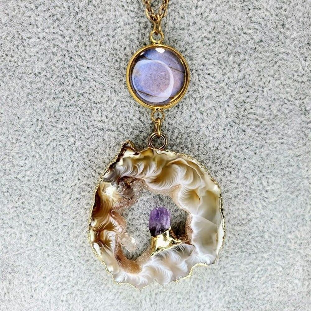 Artisan Agate Purple Amethyst & Morpho Butterfly Wing Necklace